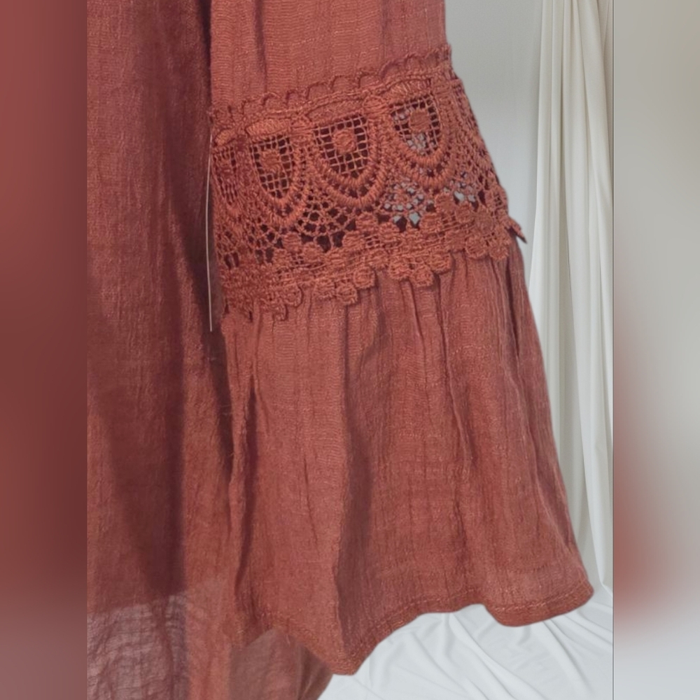 Indigo Rose Terracotta Lace Sleeve V Neck Tunic Blouse Large NWT - Picture 4 of 7